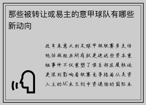 那些被转让或易主的意甲球队有哪些新动向